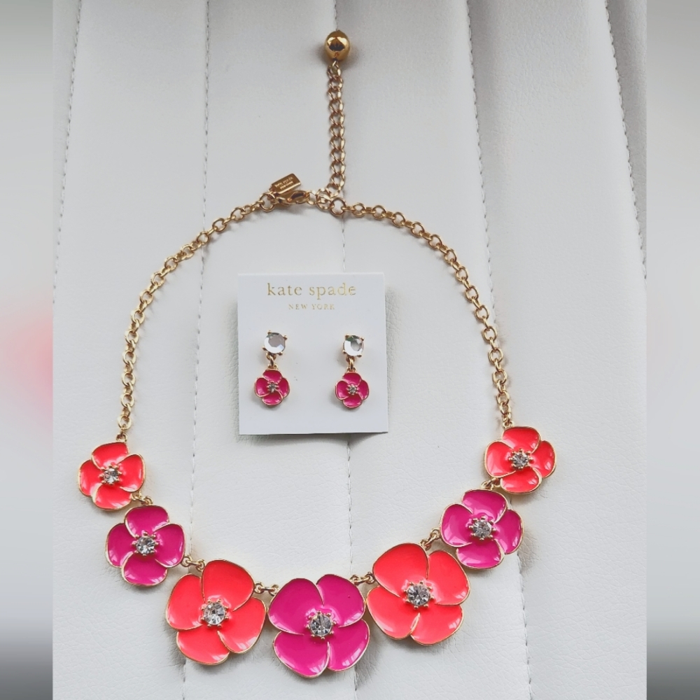 Kate Spade Pink Coral Enamel Floral Necklace and Earrings Set